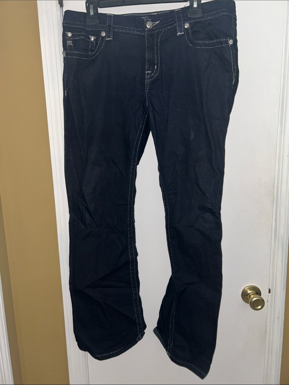 Miss Me Dark Blue Bootcut Jeans with White Stitching Accents